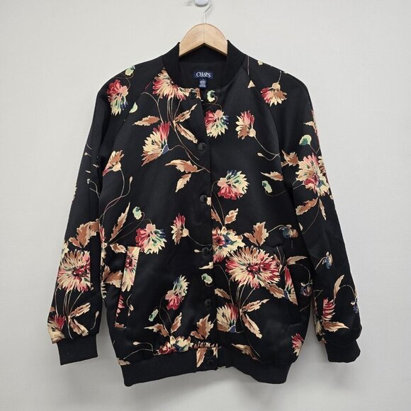 Chaps Black Floral Bomber Jacket Women's Size Medium Full Button Closure EUC - Picture 1 of 7